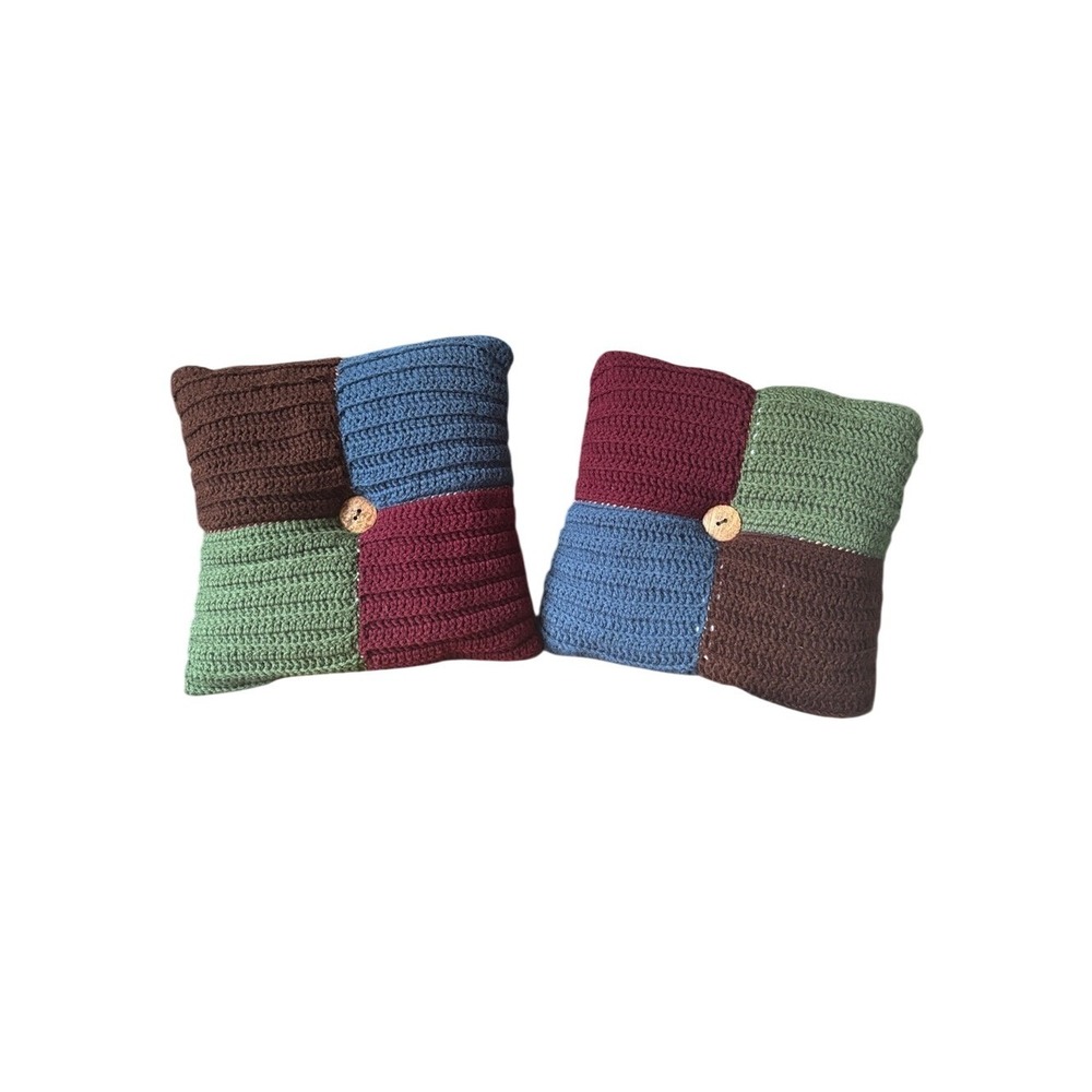 Handmade Fall Multicolor Reversible Crochet Throw Pillow Retro 70s Vibe 13" GIFT